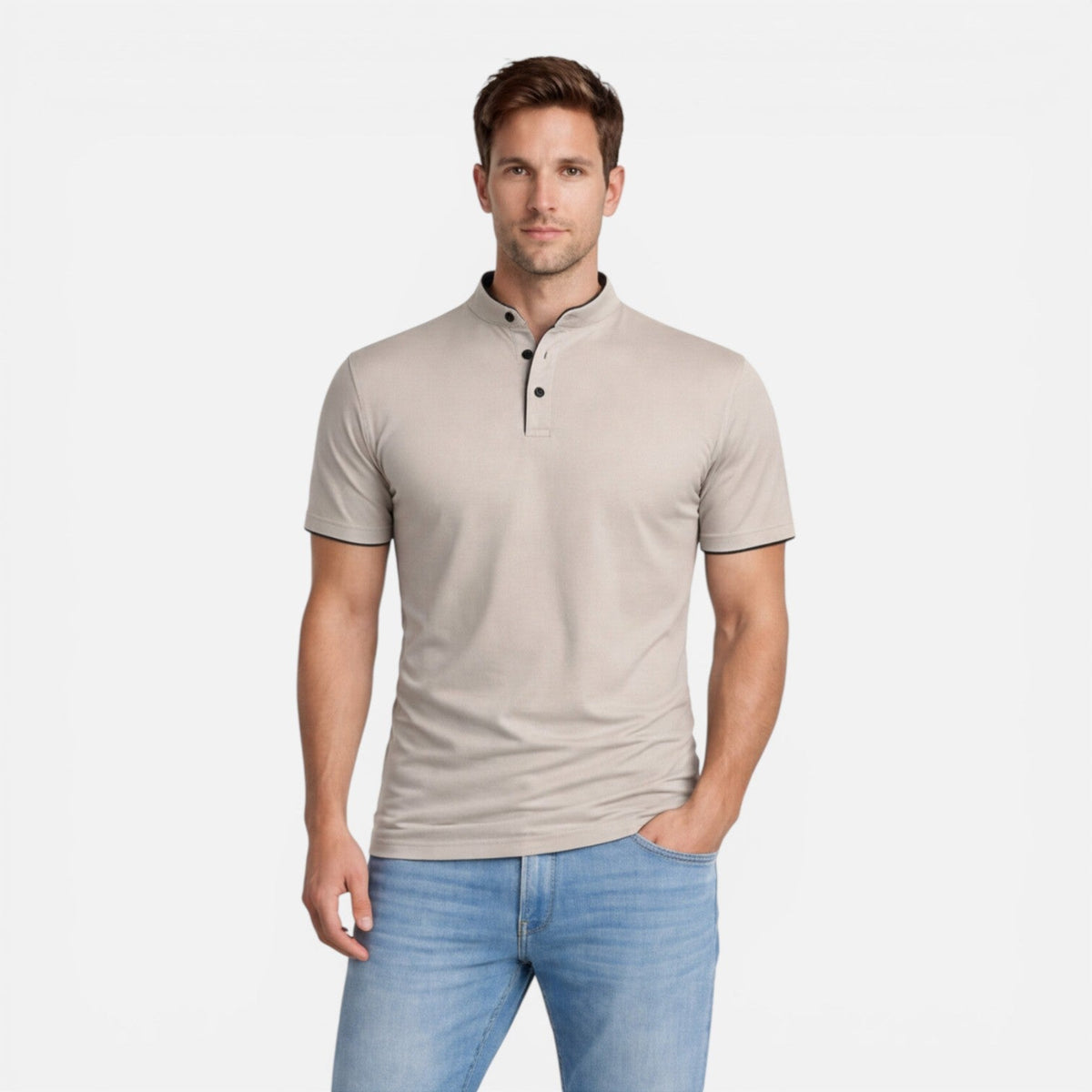 Men's short-sleeve Henley shirt with a button front