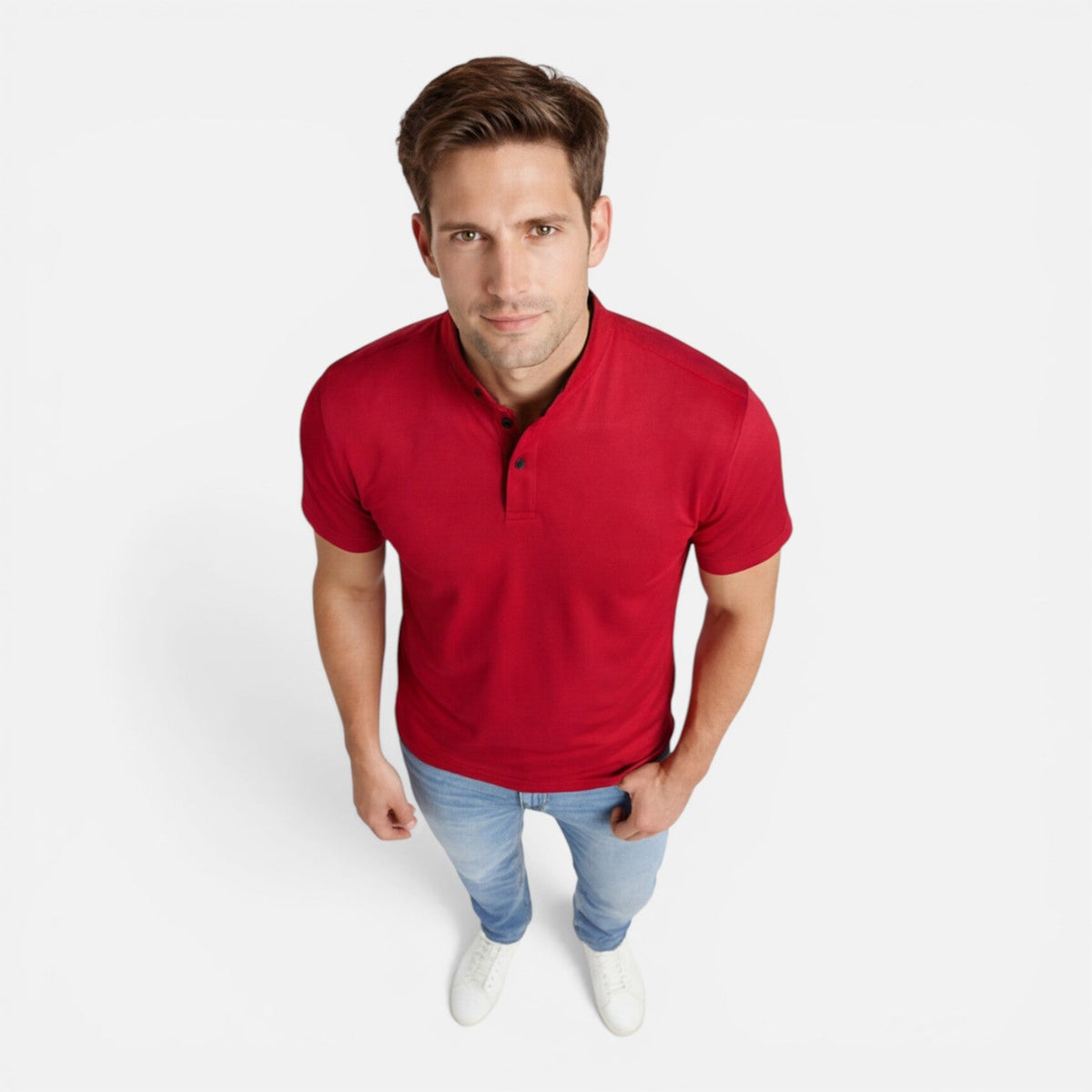Men's short-sleeve Henley shirt with a button front