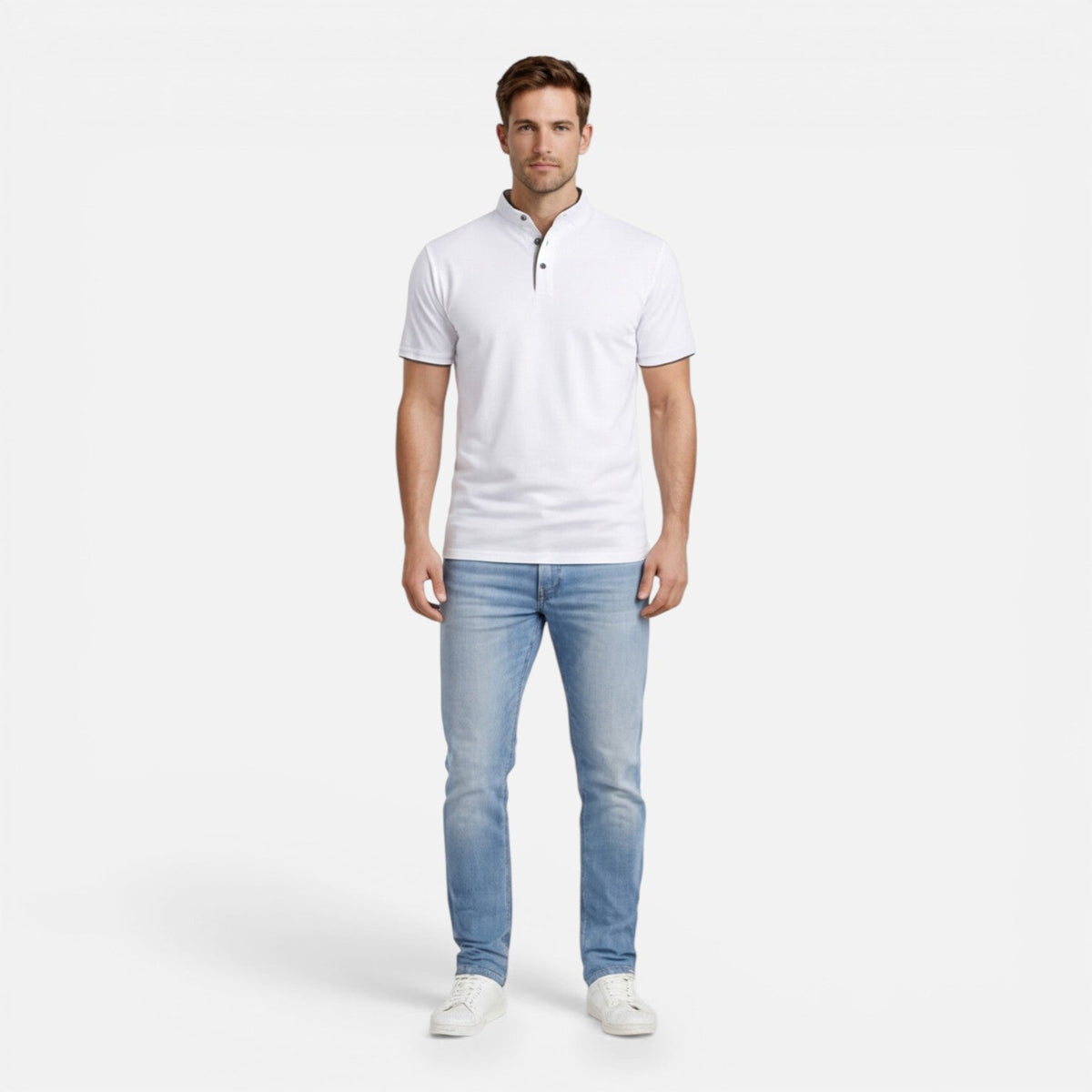 Men's short-sleeve Henley shirt with a button front
