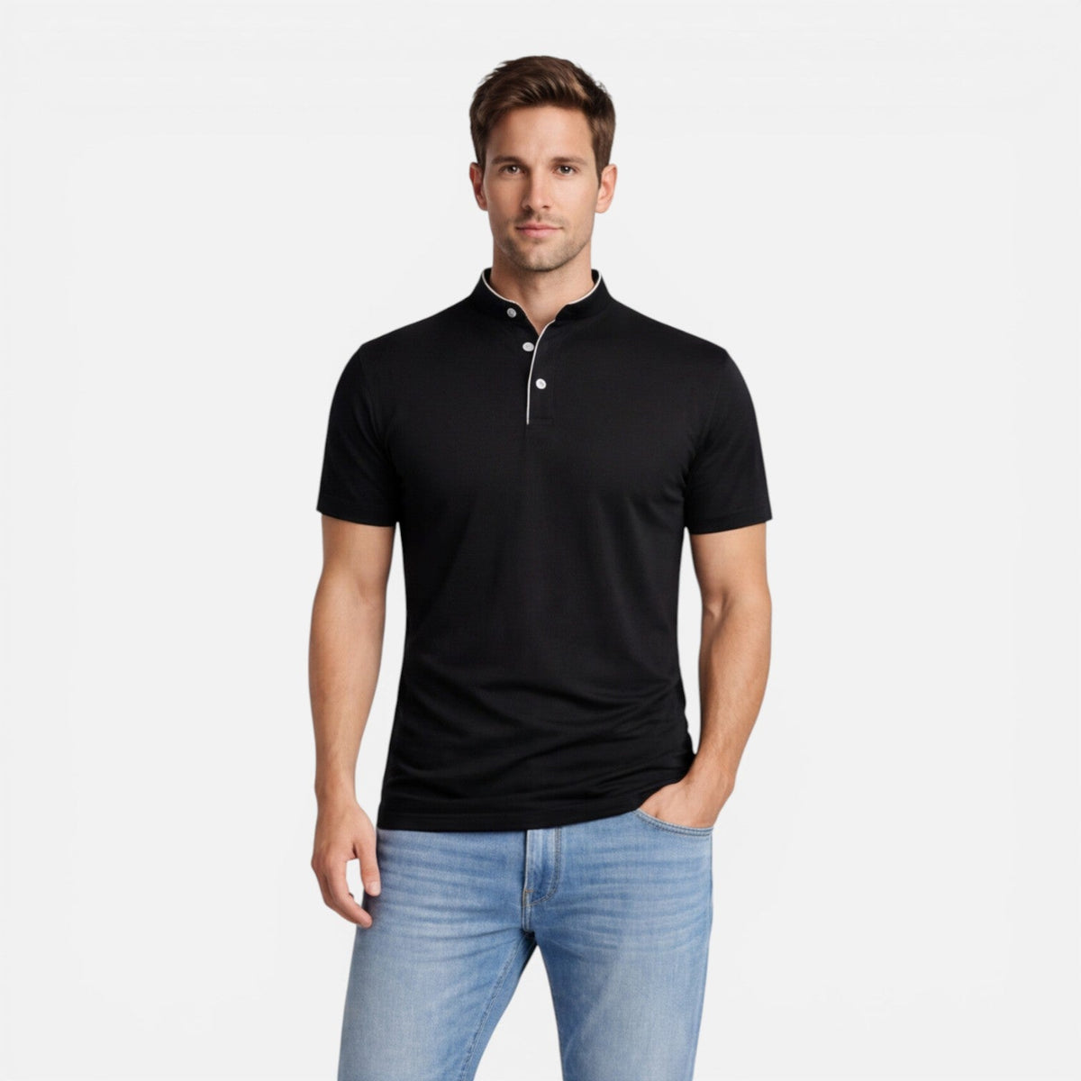 Men's short-sleeve Henley shirt with a button front