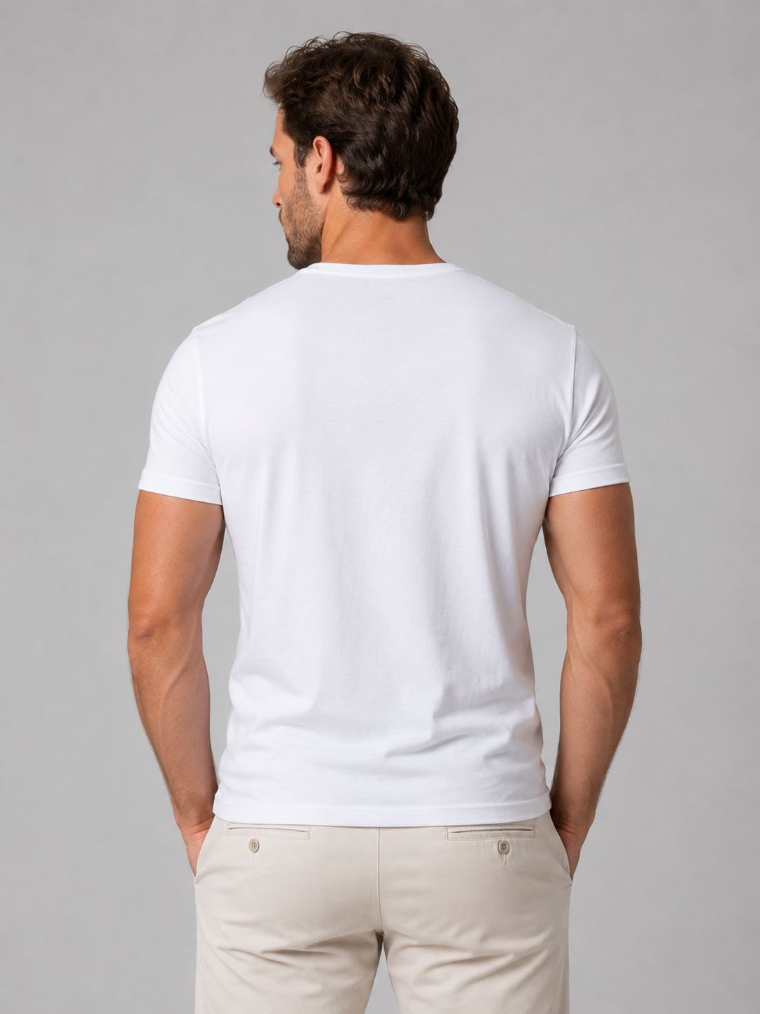 Back view of a white short-sleeve Henley T-shirt on a man