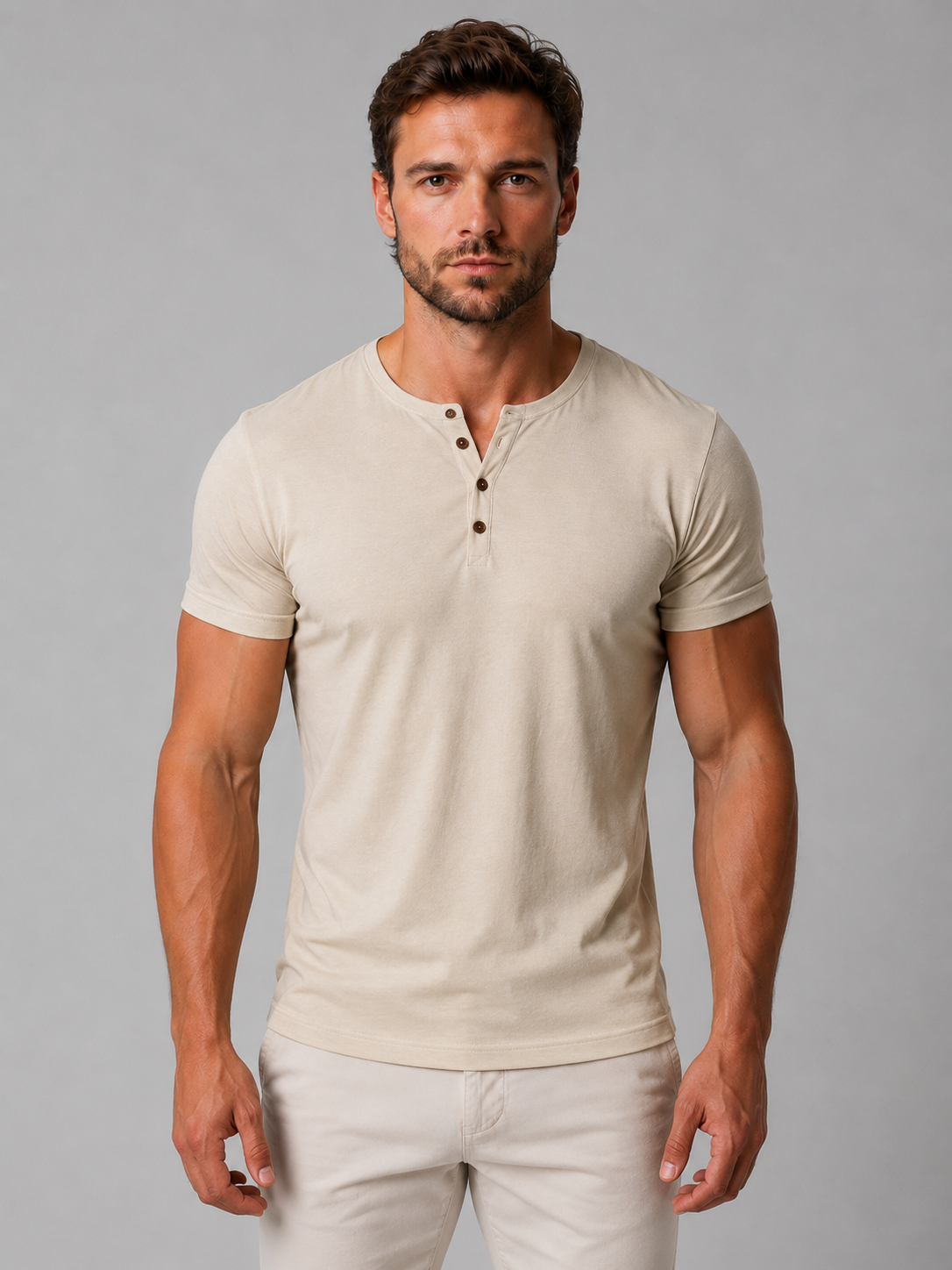 Man wearing a beige short-sleeve Henley T-shirt, front view