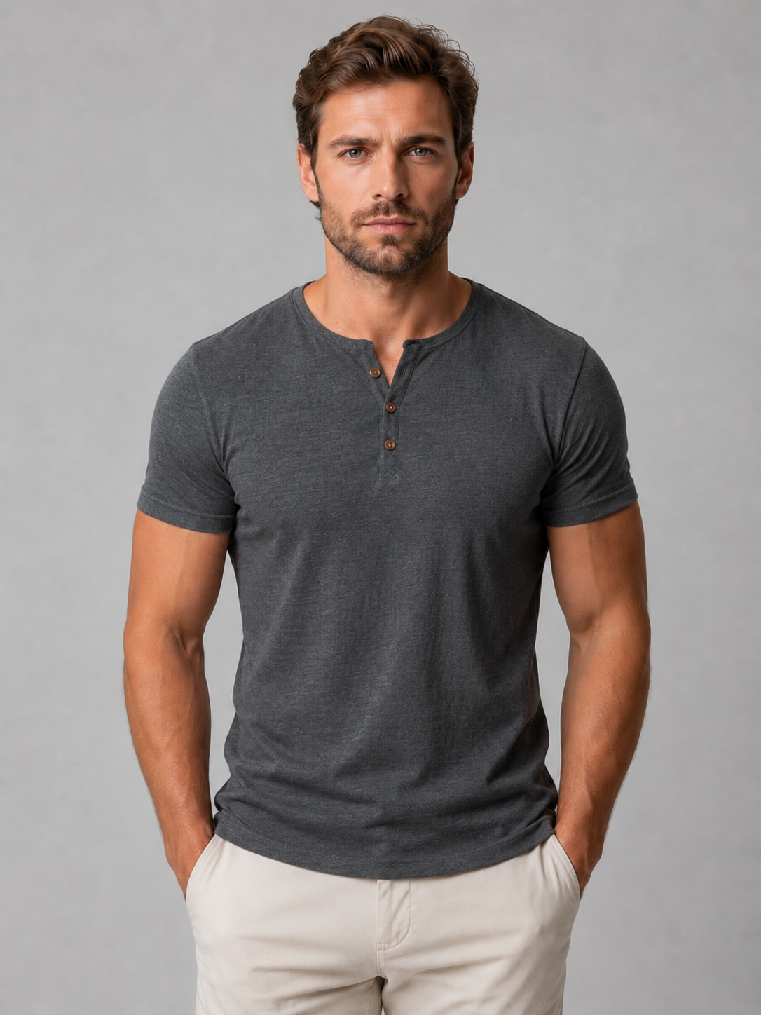 Man wearing a charcoal gray short-sleeve Henley T-shirt, front view