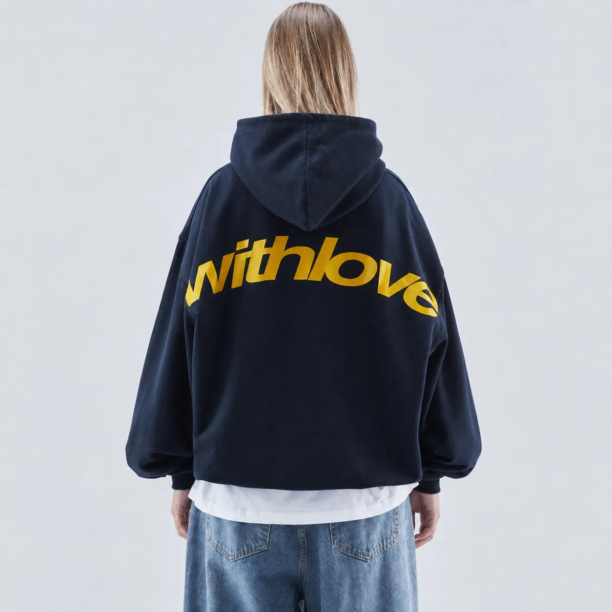 Navy printed hoodie - back studio view