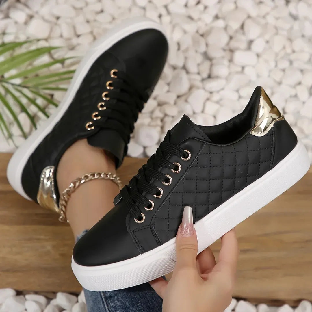 Women's Quilted Sneakers Lace Up Casual Comfort Everyday Trainer Shoes