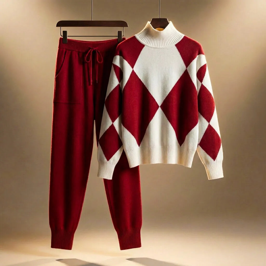 Women's Knit Lounge Set Argyle Jumper Drawstring Trousers Cosy