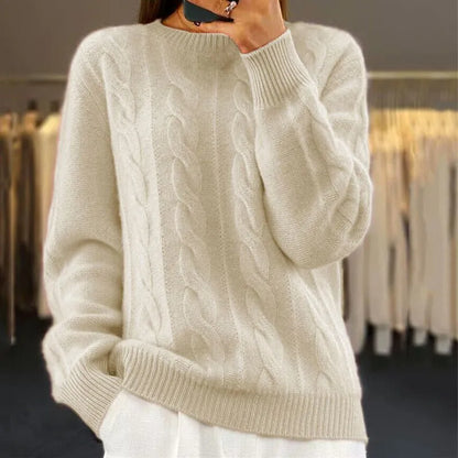 Cable Knit Wool Cashmere Sweater Crew Neck Warm Winter Pullover