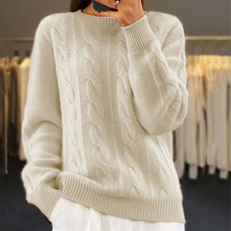 Cable Knit Wool Cashmere Sweater Crew Neck Warm Winter Pullover