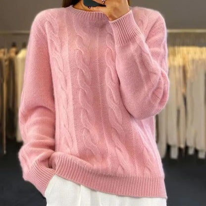 Cable Knit Wool Cashmere Sweater Crew Neck Warm Winter Pullover
