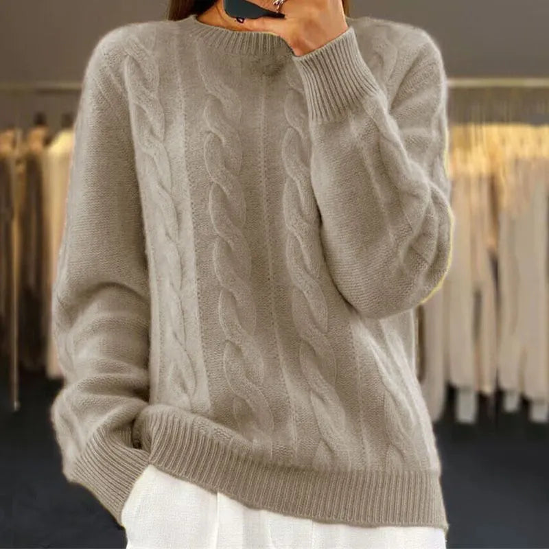 Cable Knit Wool Cashmere Sweater Crew Neck Warm Winter Pullover