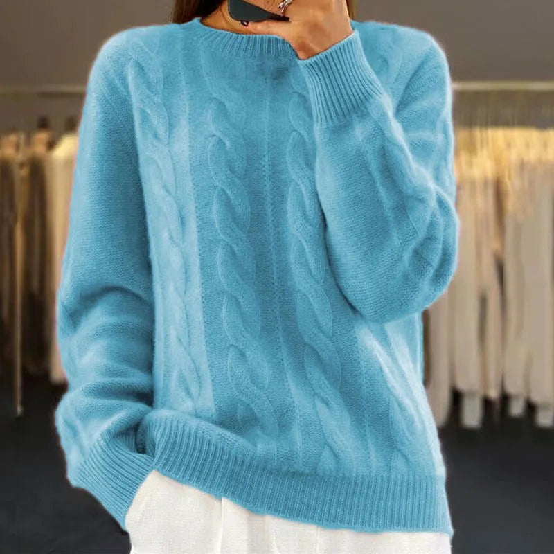 Cable Knit Wool Cashmere Sweater Crew Neck Warm Winter Pullover