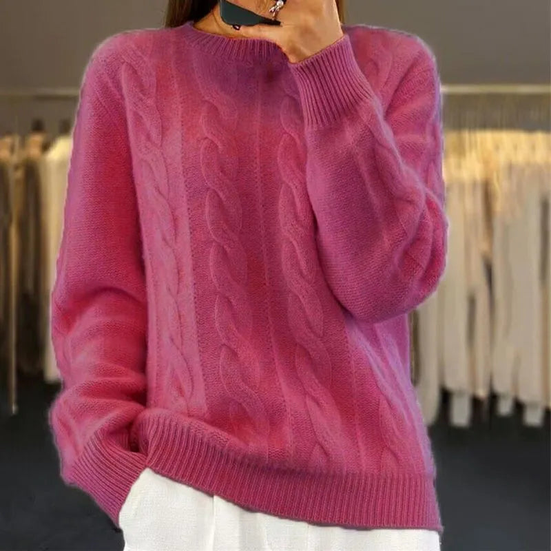 Cable Knit Wool Cashmere Sweater Crew Neck Warm Winter Pullover