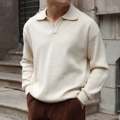 Men's V Neck Jumper Long Sleeve Textured Knit Polo Collar Relaxed Fit