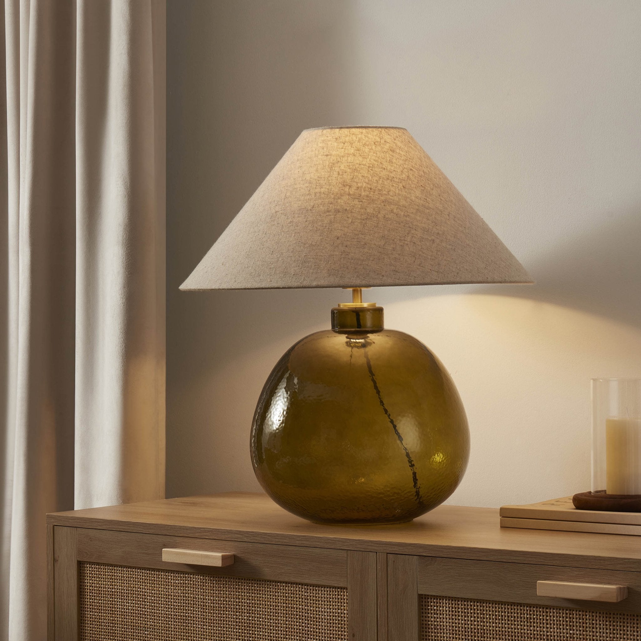 Verde Large Glass Table Lamp with Green Base and Natural Shade