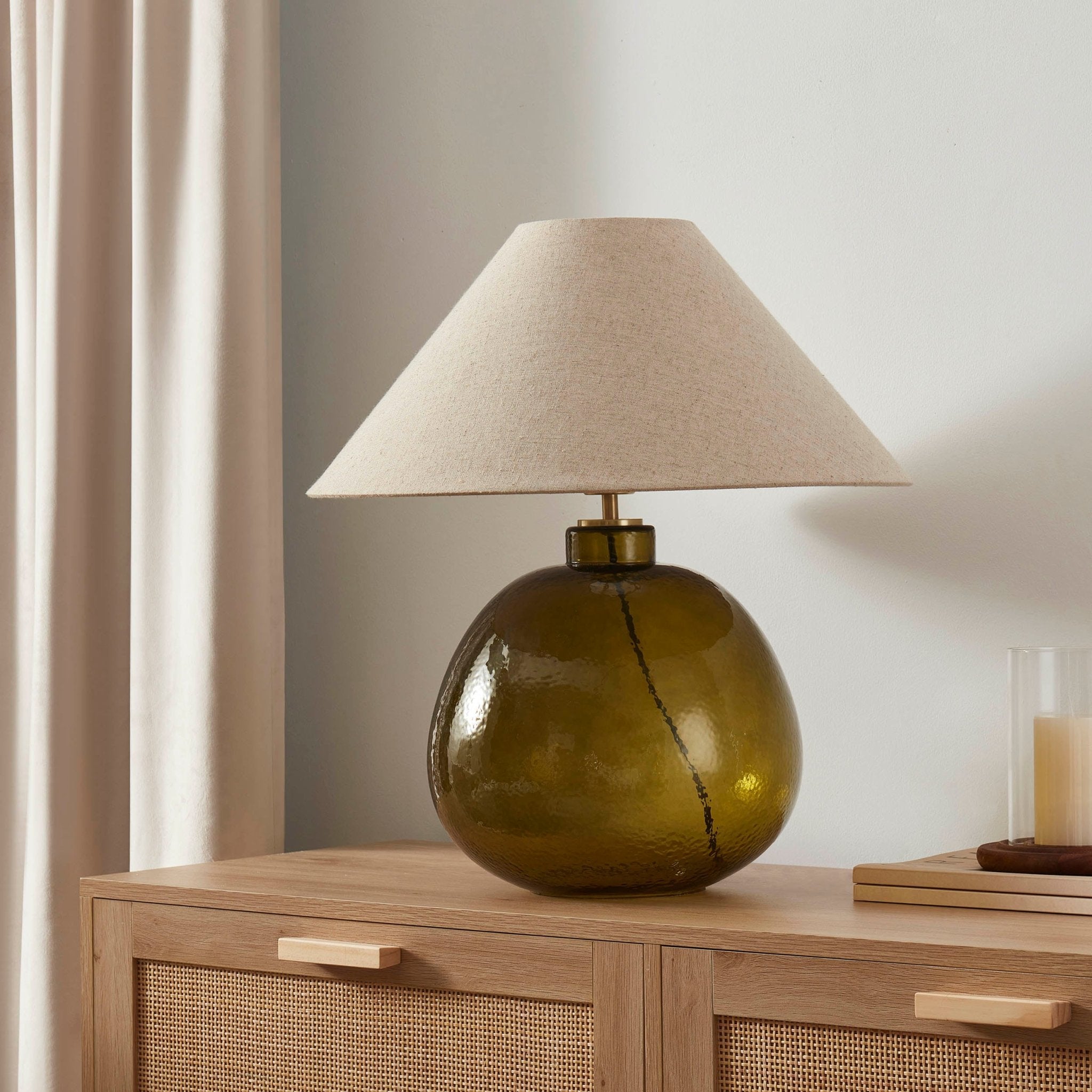 Verde Large Glass Table Lamp with Green Base and Natural Shade