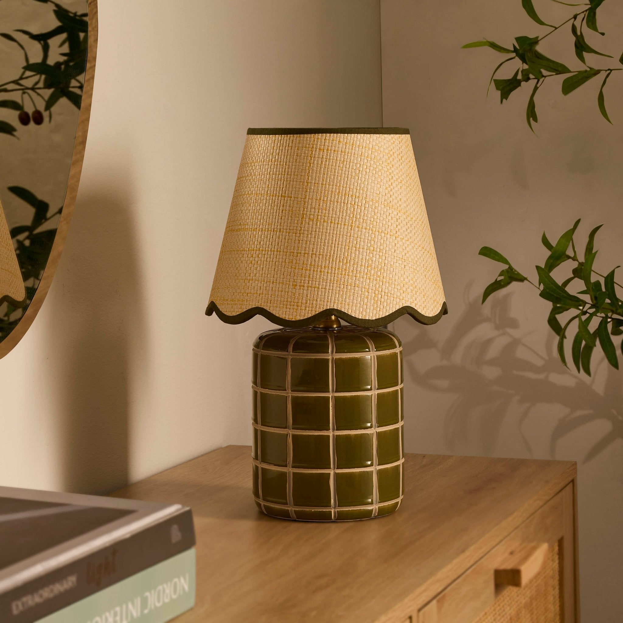 Vivienne Green Carved Ceramic Table Lamp with Glossy Glaze and Scalloped Shade