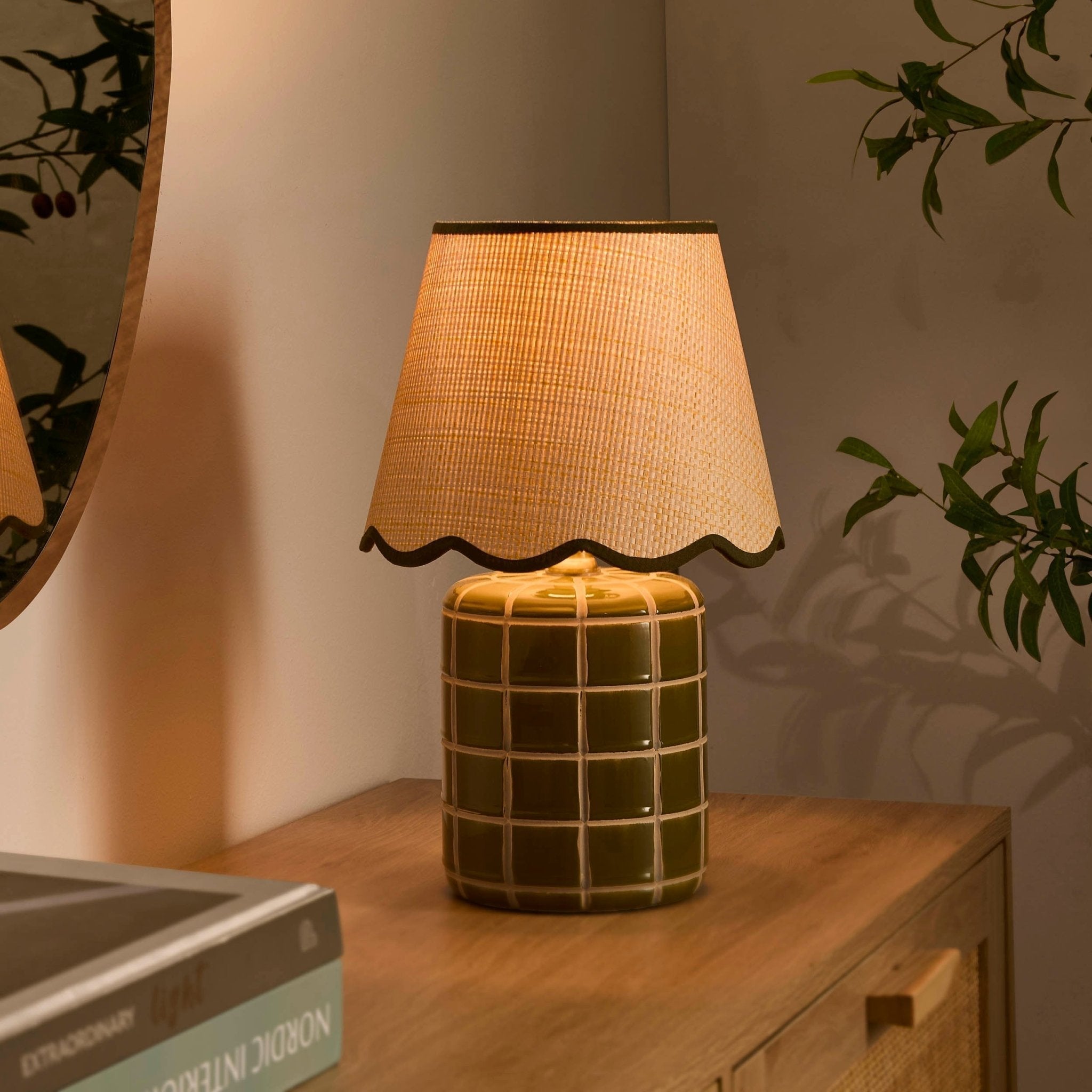Vivienne Green Carved Ceramic Table Lamp with Glossy Glaze and Scalloped Shade