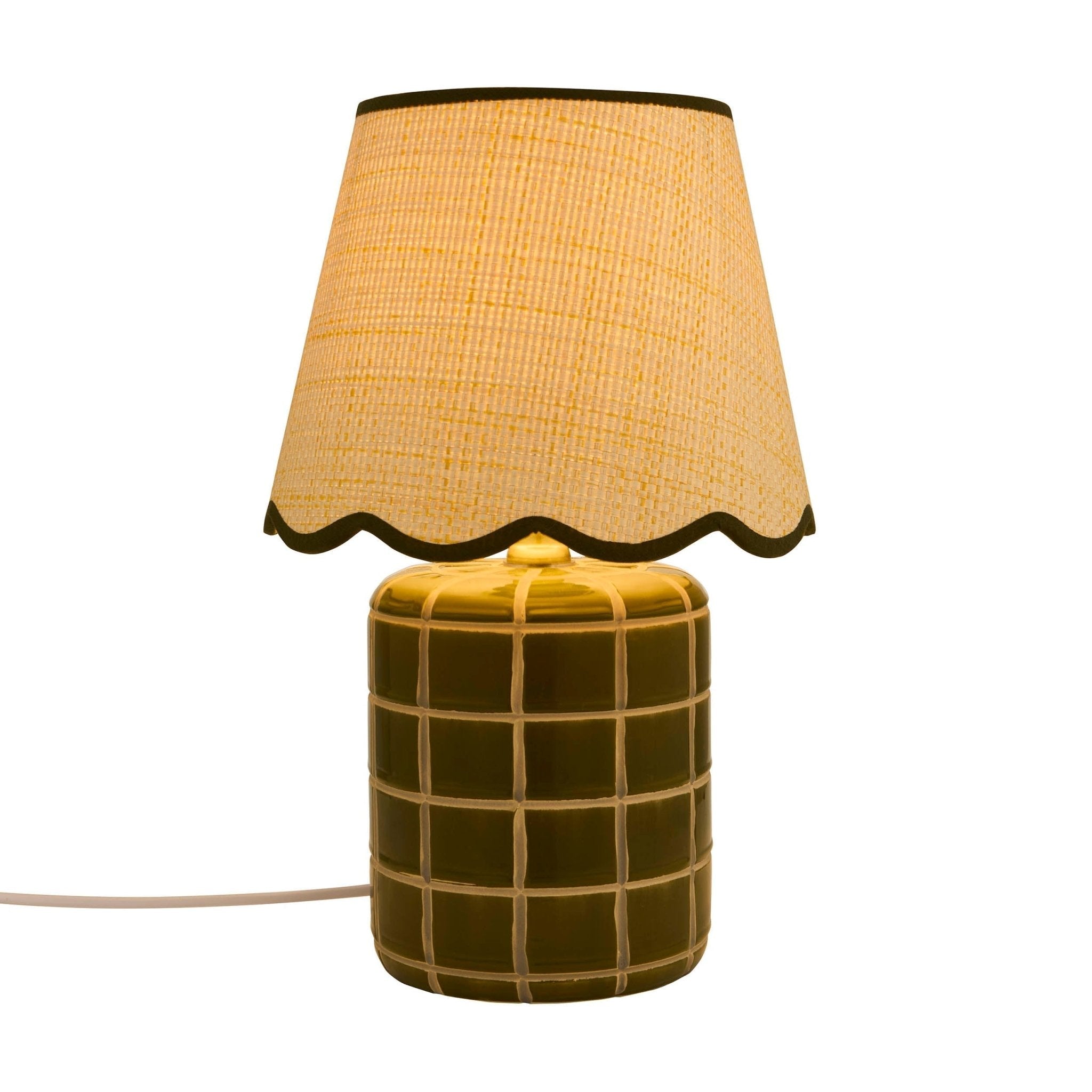 Vivienne Green Carved Ceramic Table Lamp with Glossy Glaze and Scalloped Shade