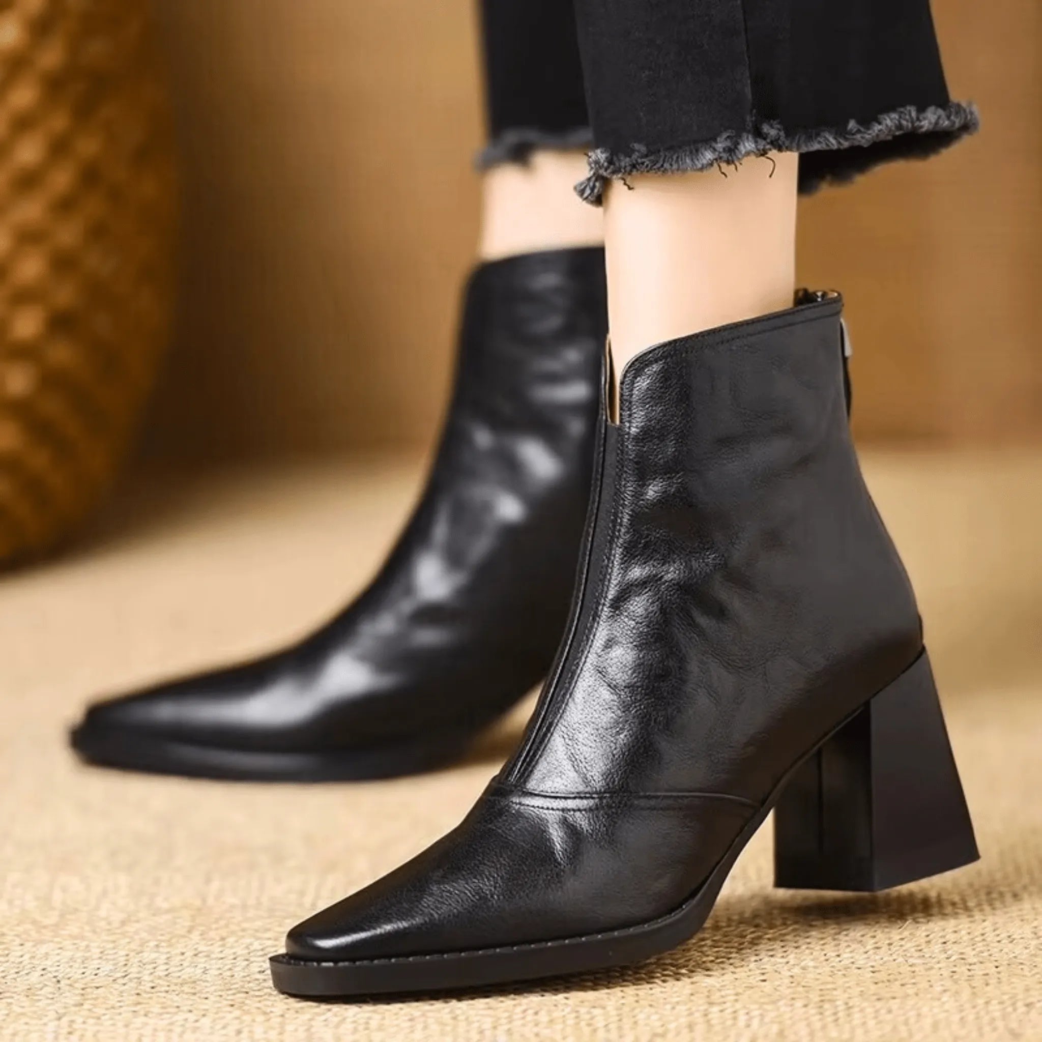 Women's Leather Ankle Boots Jessica Elegant Black Brown Block Heel