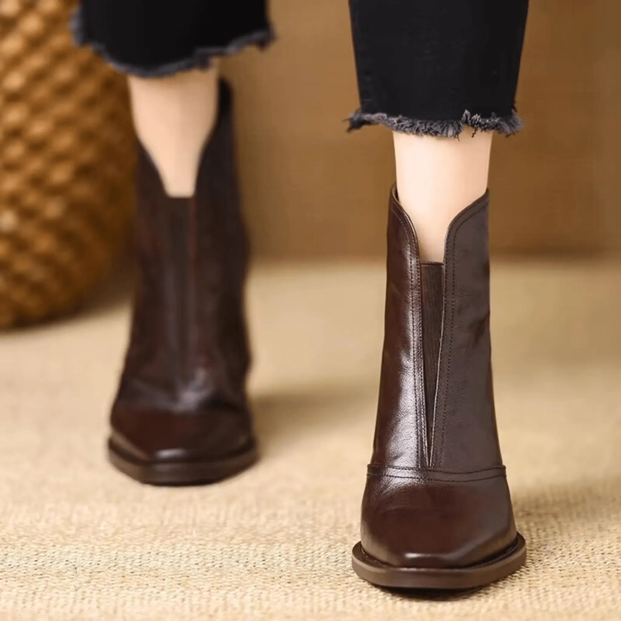 Women's Leather Ankle Boots Jessica Elegant Black Brown Block Heel