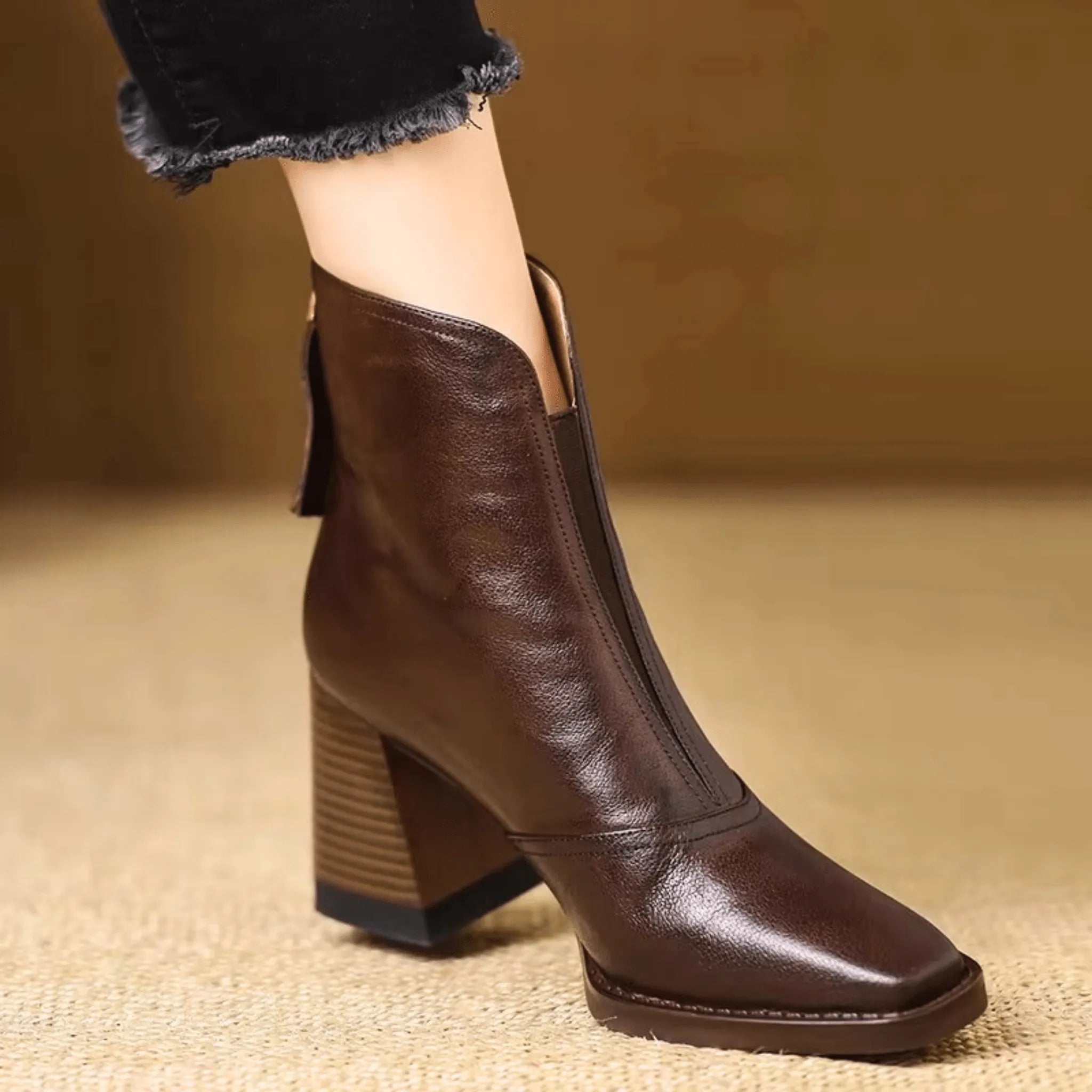 Women's Leather Ankle Boots Jessica Elegant Black Brown Block Heel