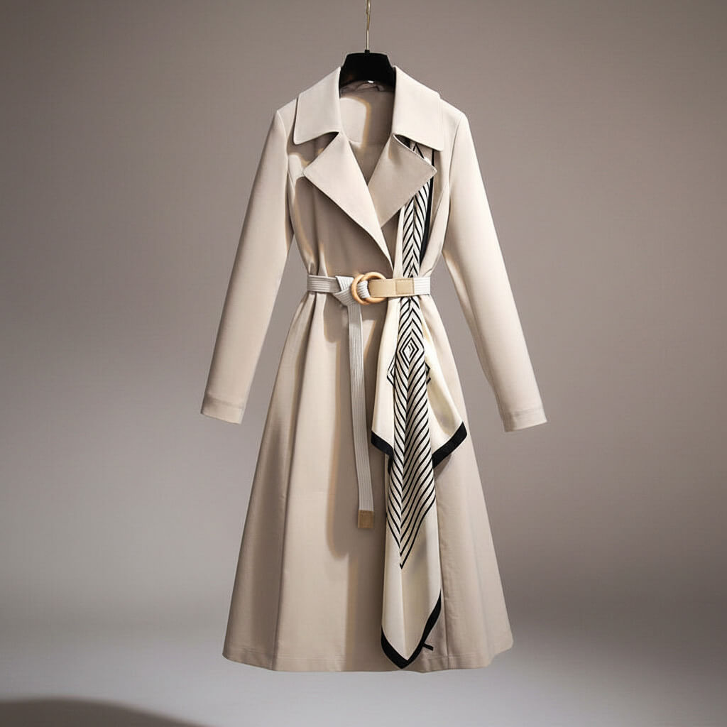 Women's Belted Midi Coat Tailored Contrast Panel Smart Casual Formal