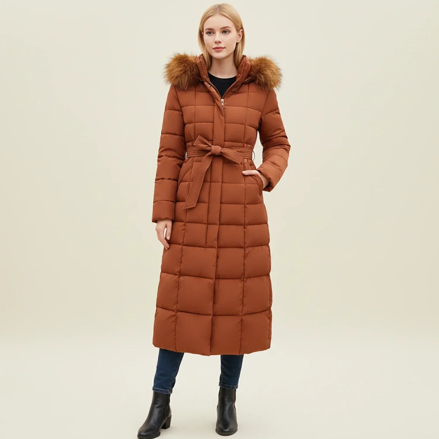 Women's Quilted Maxi Puffer Coat with Hood Belt Warm Winter Jacket