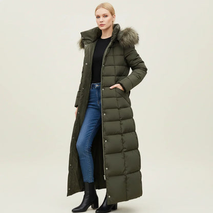 Women's Quilted Maxi Puffer Coat with Hood Belt Warm Winter Jacket