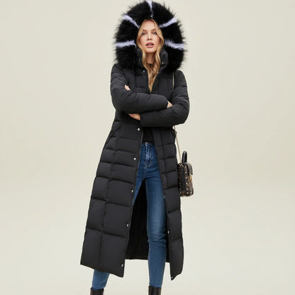 Women's Quilted Puffer Coat Maxi Length Hood Belt Warm Winter Jacket