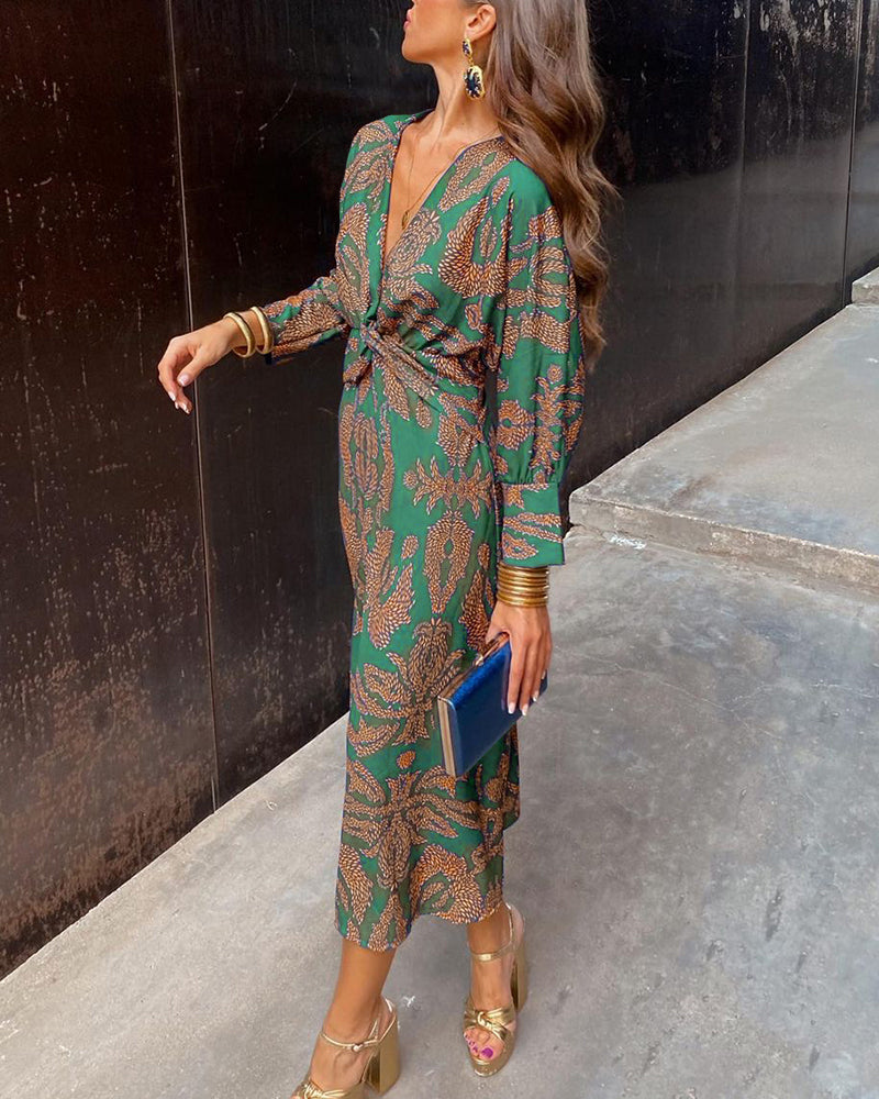 Women's A-line midi dress with a V-neckline