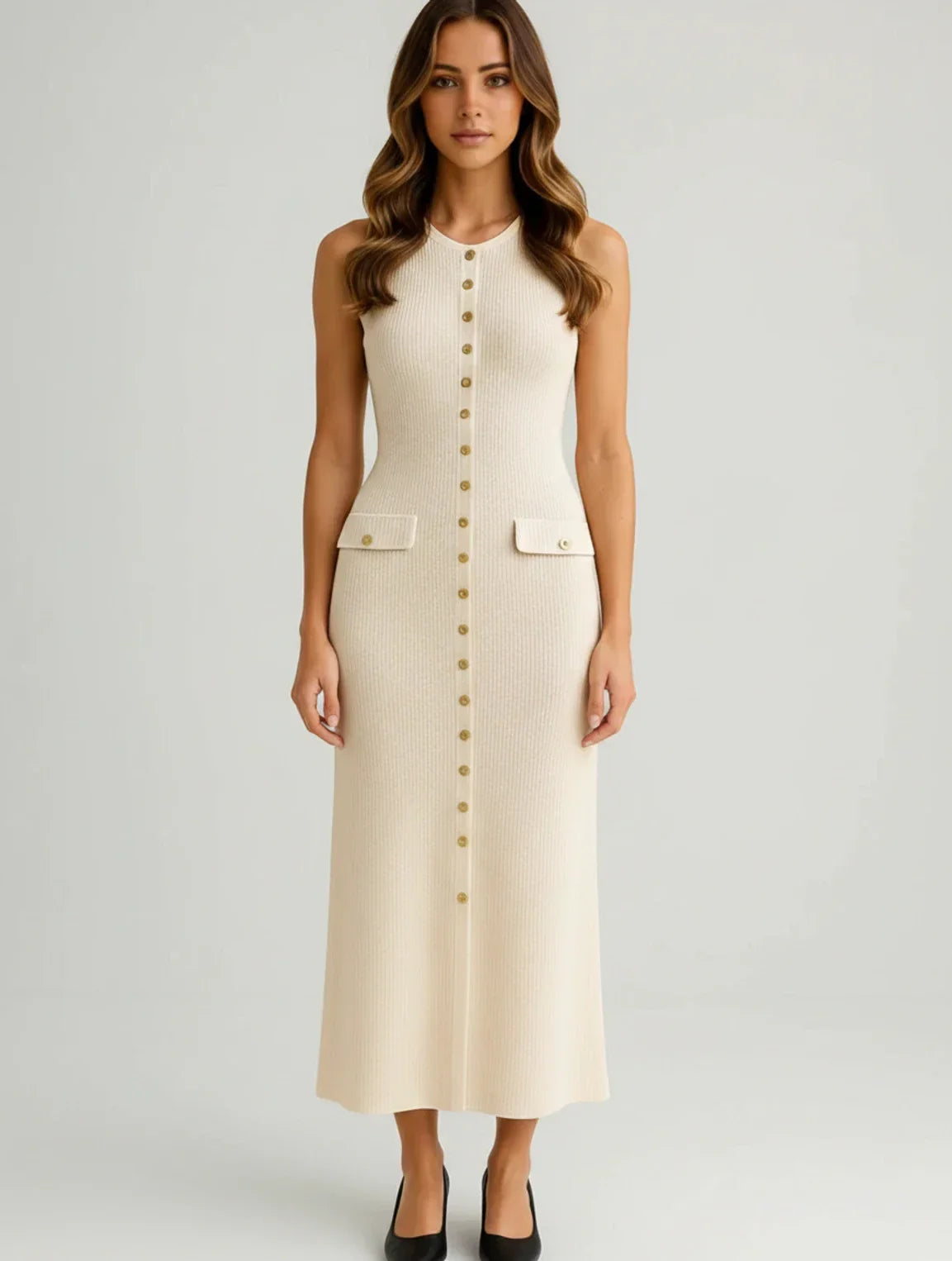 Women's A-line midi dress with a button front