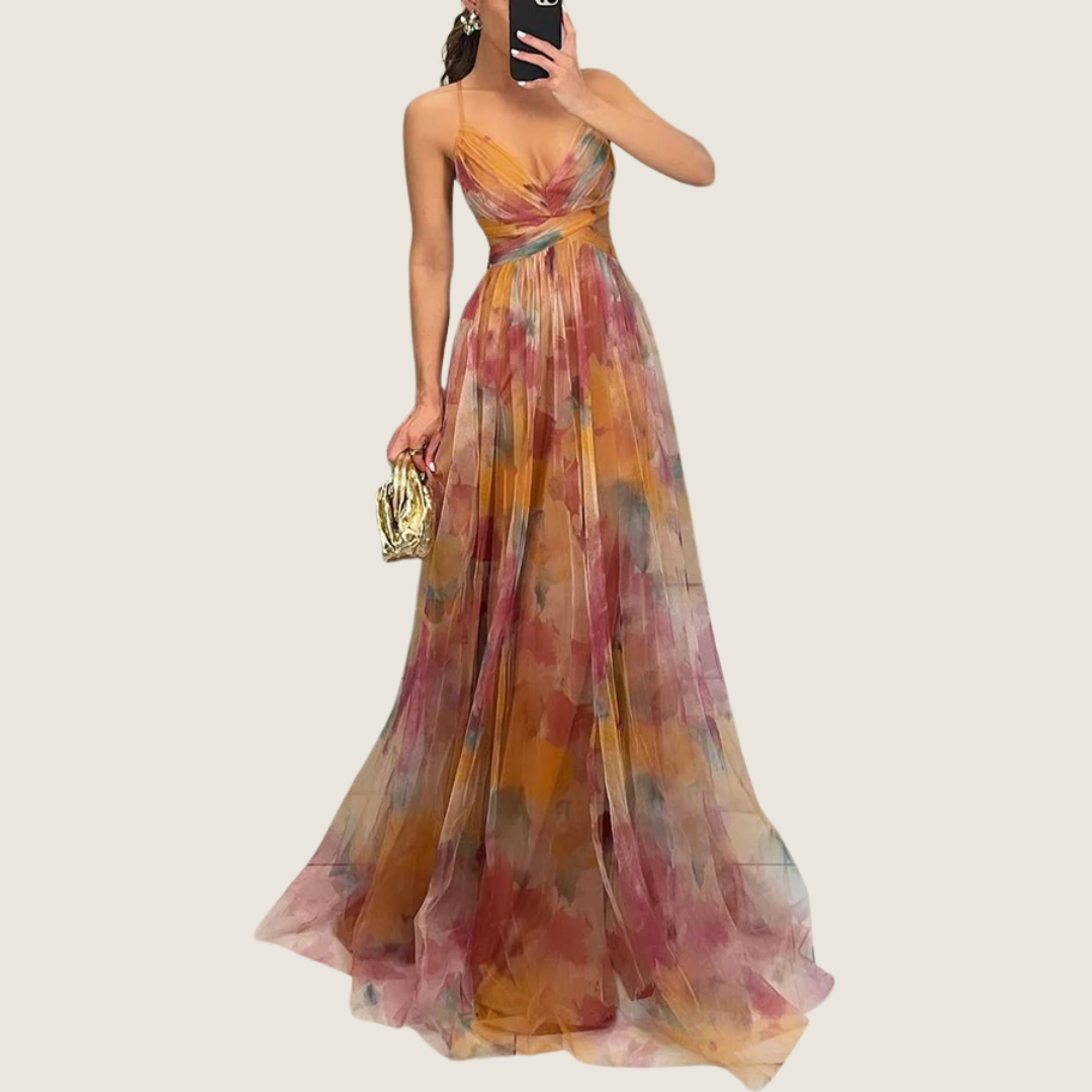 Women's A-line maxi dress with a V-neckline