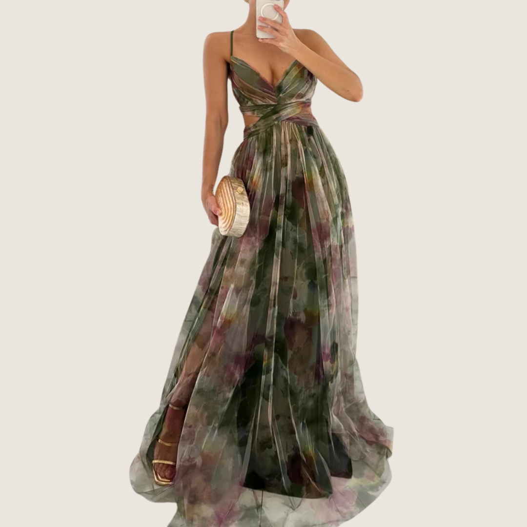 Women's A-line maxi dress with a V-neckline