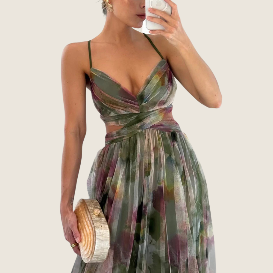 Women's A-line maxi dress with a V-neckline