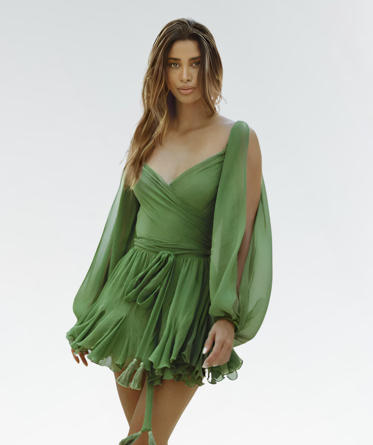 Green AureliaGrace V-Neck Wrap Mini Dress, shown on a model with a fitted waist and flowing skirt.