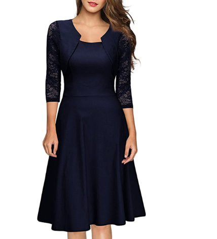 Women's A-line midi dress with a round neckline