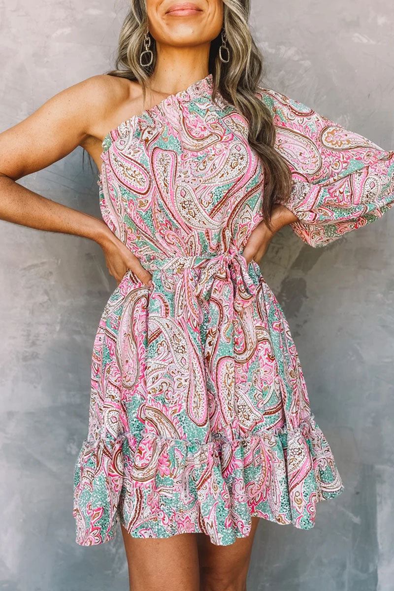 Pink Astra one-shoulder mini dress, featuring stylish design and fitted silhouette on model.