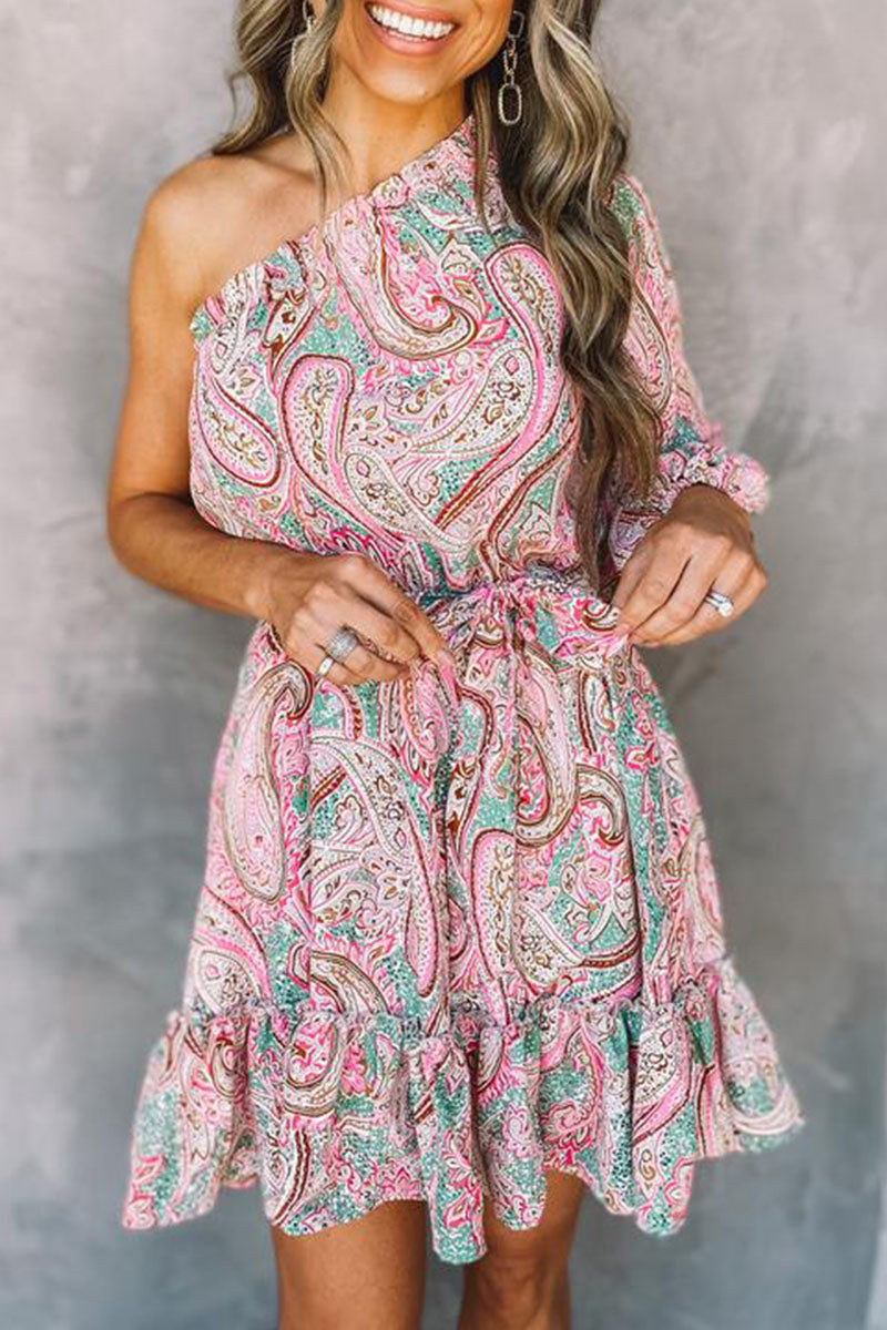 Pink Astra One-Shoulder Mini Dress, showcasing a stylish fitted dress with a single shoulder design.