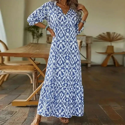 Women's Boho Ikat-Print V-Neck 3/4-Sleeve Maxi Dresses