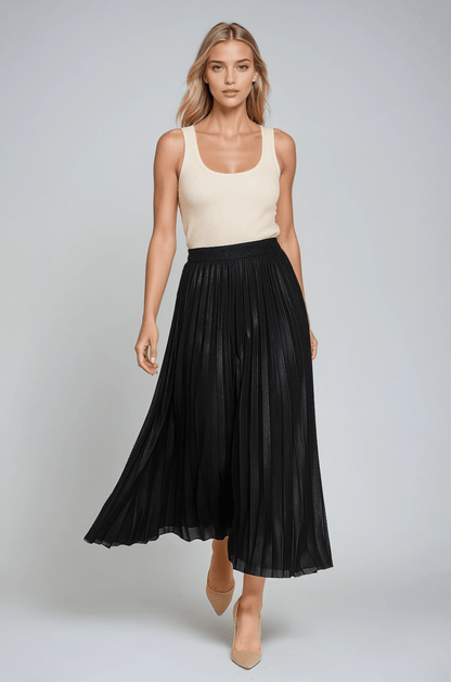 Women's Black Pleated Skirt with a Wide Gathered Waistband and Sheer Hemline-2