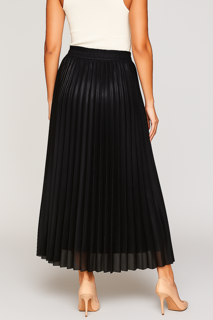 Women's Black Pleated Skirt with a Wide Gathered Waistband and Sheer Hemline-4