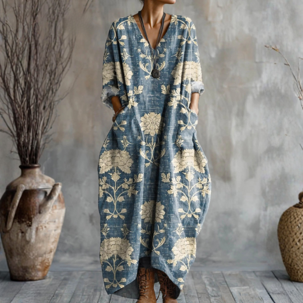 Woman wearing a blue V-neck dress with cream floral print, three-quarter sleeves and side pockets