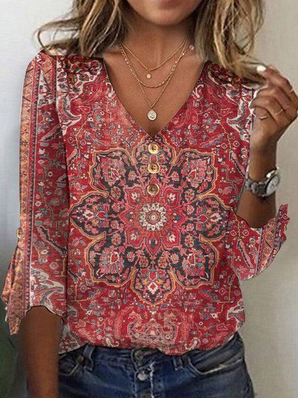Audrey bohemian print summer blouse featuring flowing fit and lightweight fabric, perfect for warm weather.