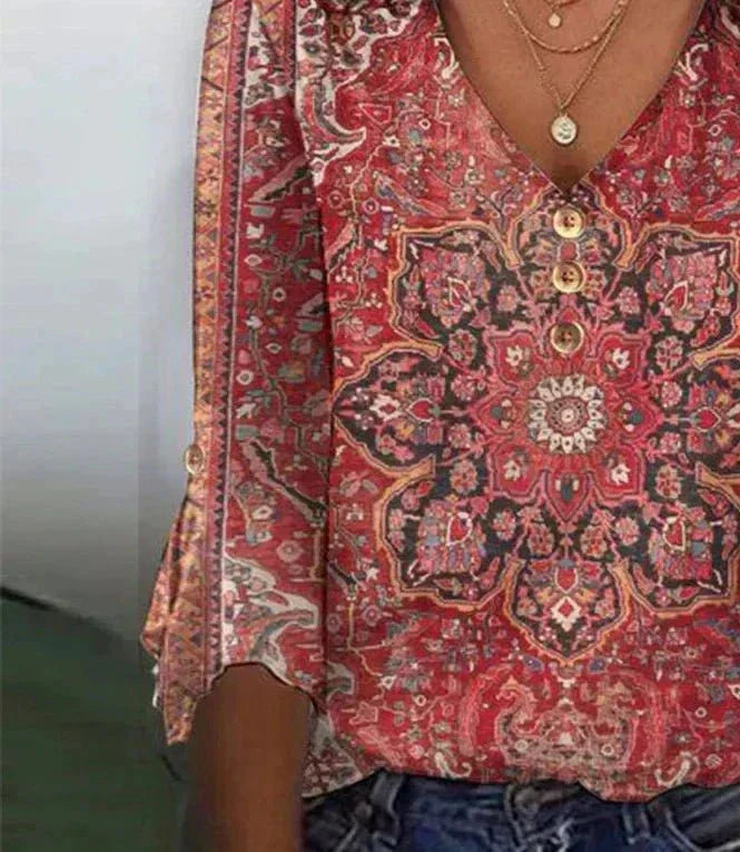 Audrey bohemian print summer blouse, flowing fit with vibrant patterns and lightweight fabric.