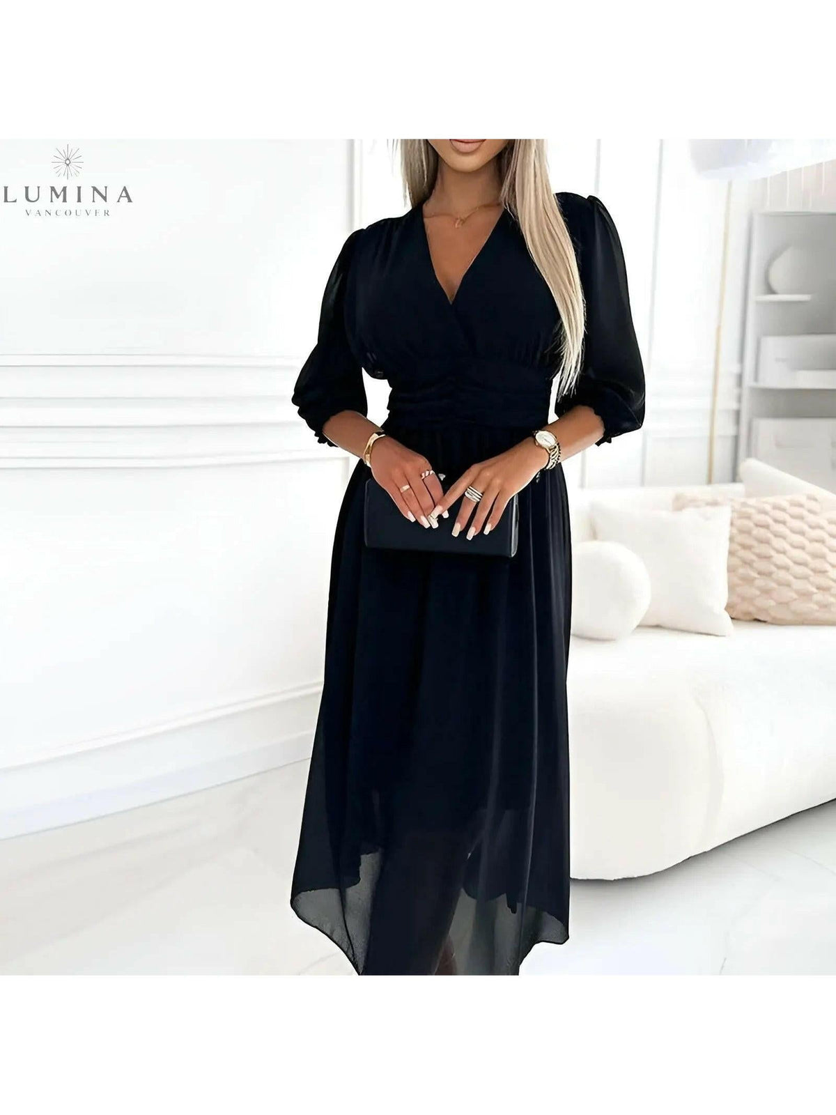 Black Ana stylish wrap evening dress, featuring elegant design for wedding guest or special occasions.