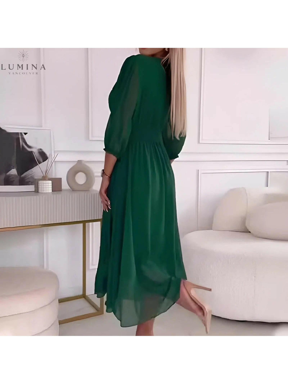 Green Ana stylish wrap evening dress for women, perfect for wedding guests, featuring a flattering wrap design.