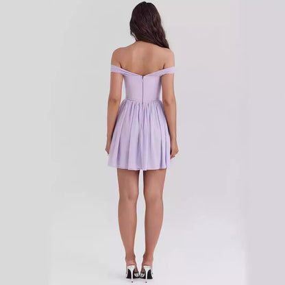 Lavender purple off-shoulder mini dress with bow front, featuring a stylish and feminine design.