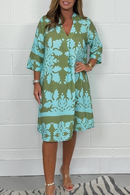 Women's Relaxed V-Neck Printed Summer Dress - Green