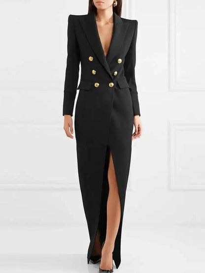 Black double-breasted blazer dress with gold-tone buttons and a front split