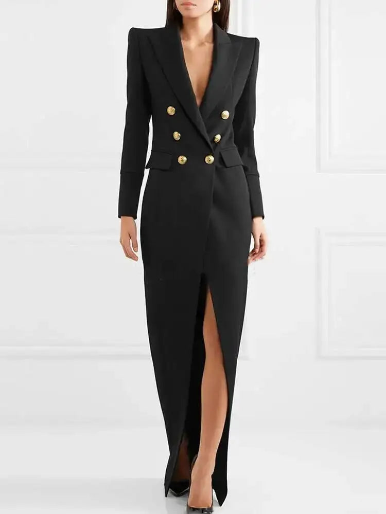 Black double-breasted blazer dress with gold-tone buttons and a front split